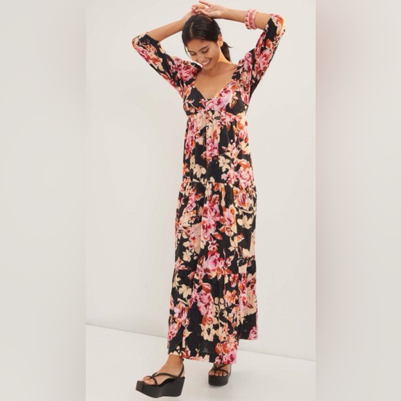 Anthropologie Blossom 100% Cotton Maxi Dress In Pink/ Black Motif Size S - Picture 2 of 16